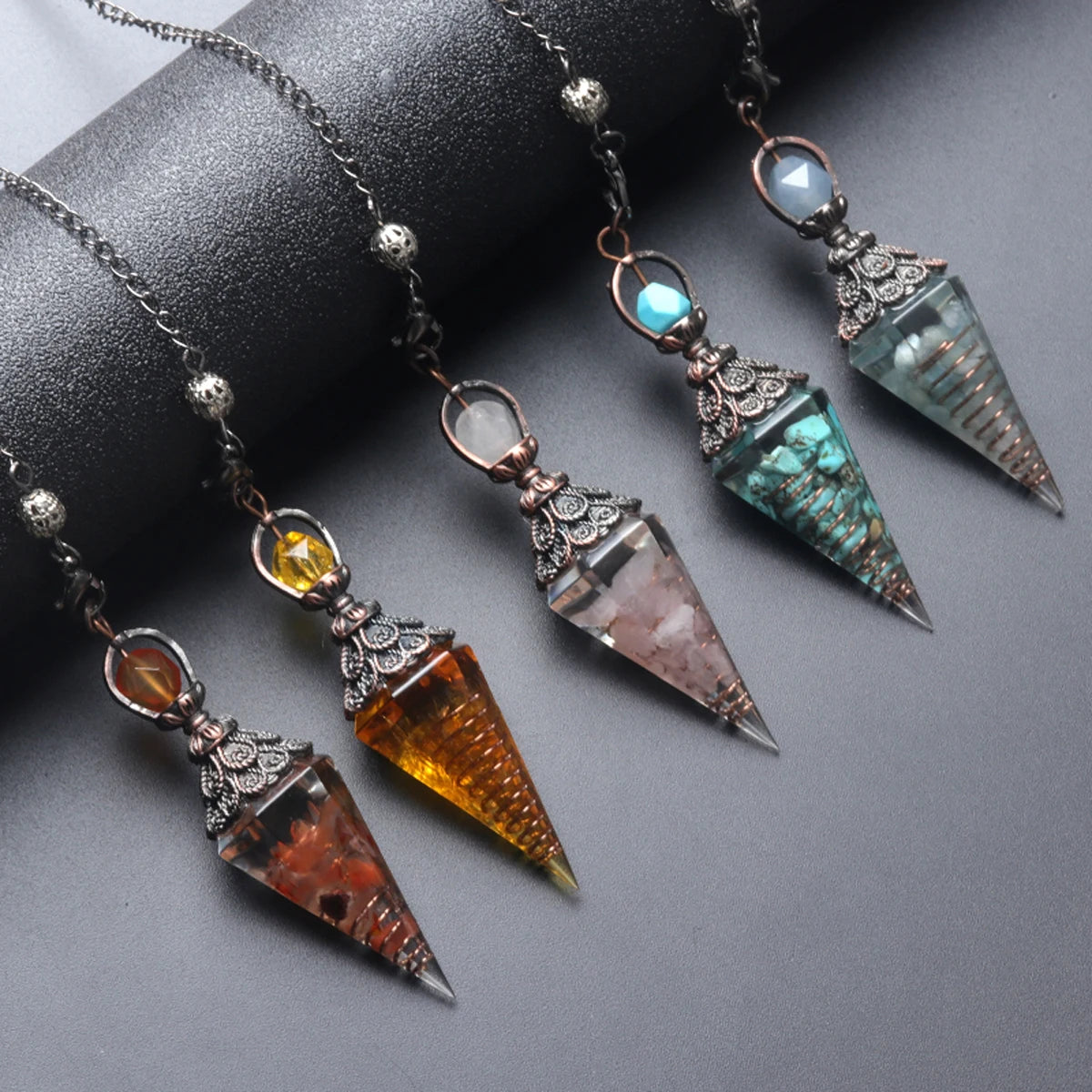 7 Chakras Natural Chips Gravel Crystal Hexagonal Cone Pendant Pendule