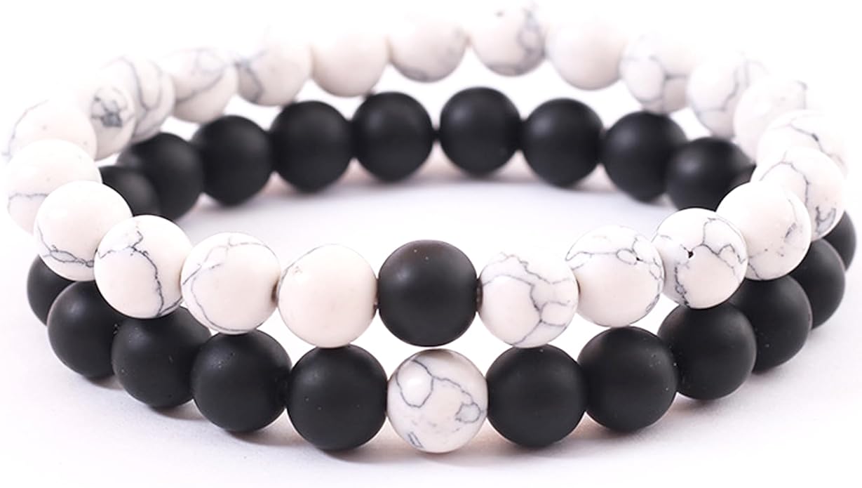 2pcs Natural Stone Couple Bracelets – Handmade Black & White 8mm