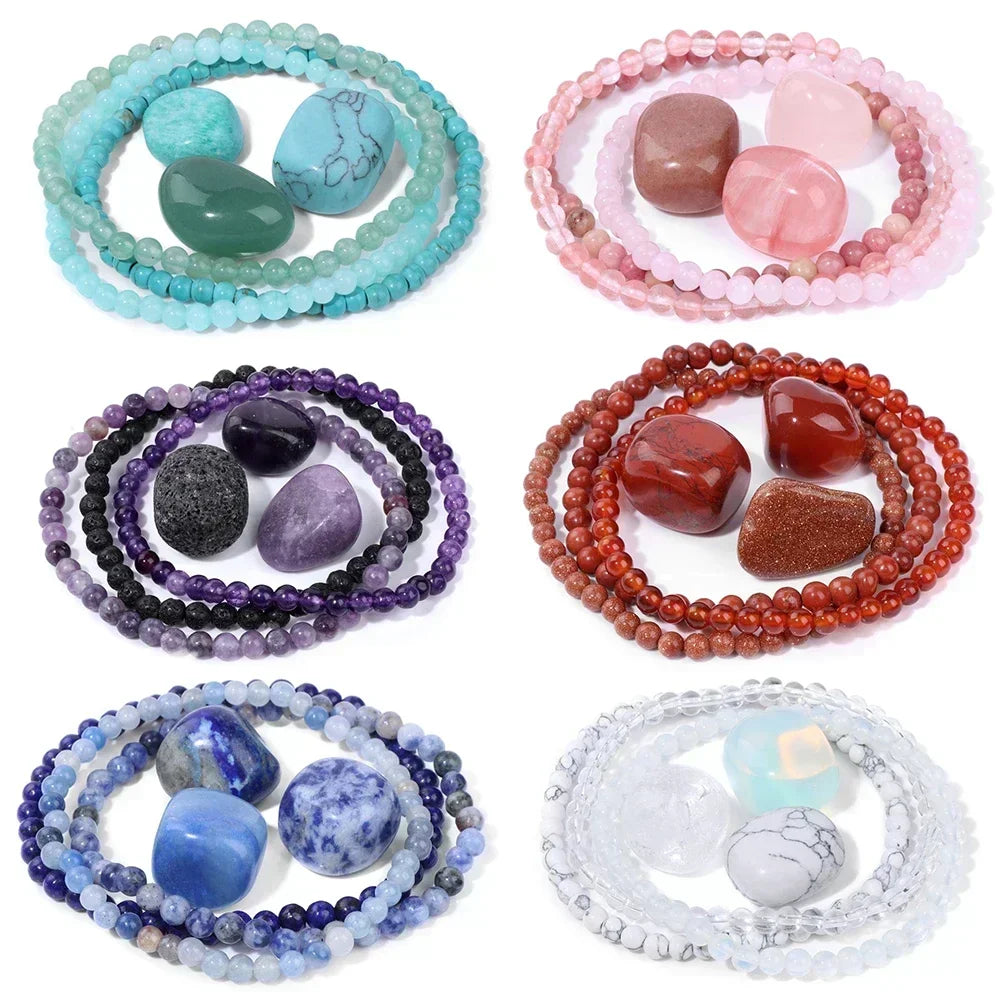 4mm Natural Stone Beads Bracelet With 3pcs Stones Rose Quartzs