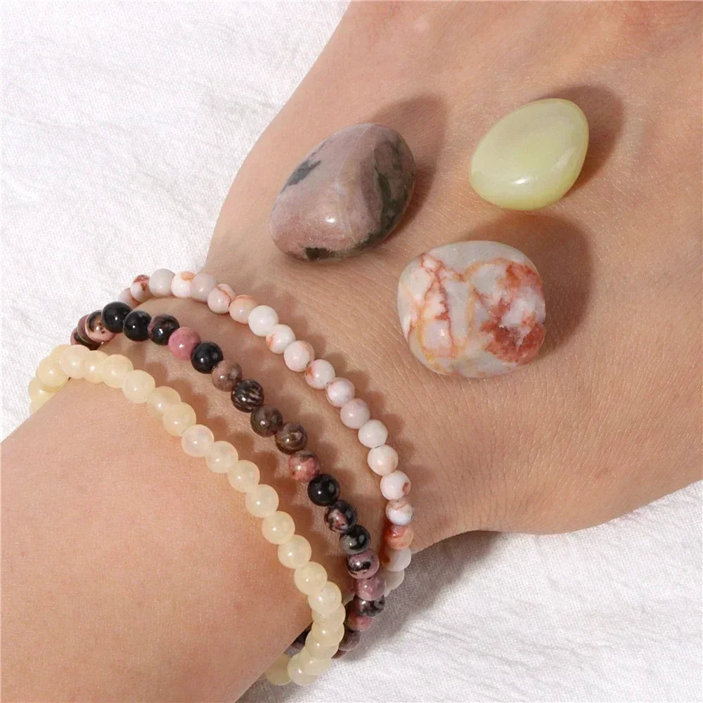 4mm Natural Stone Beads Bracelet With 3pcs Stones Rose Quartzs