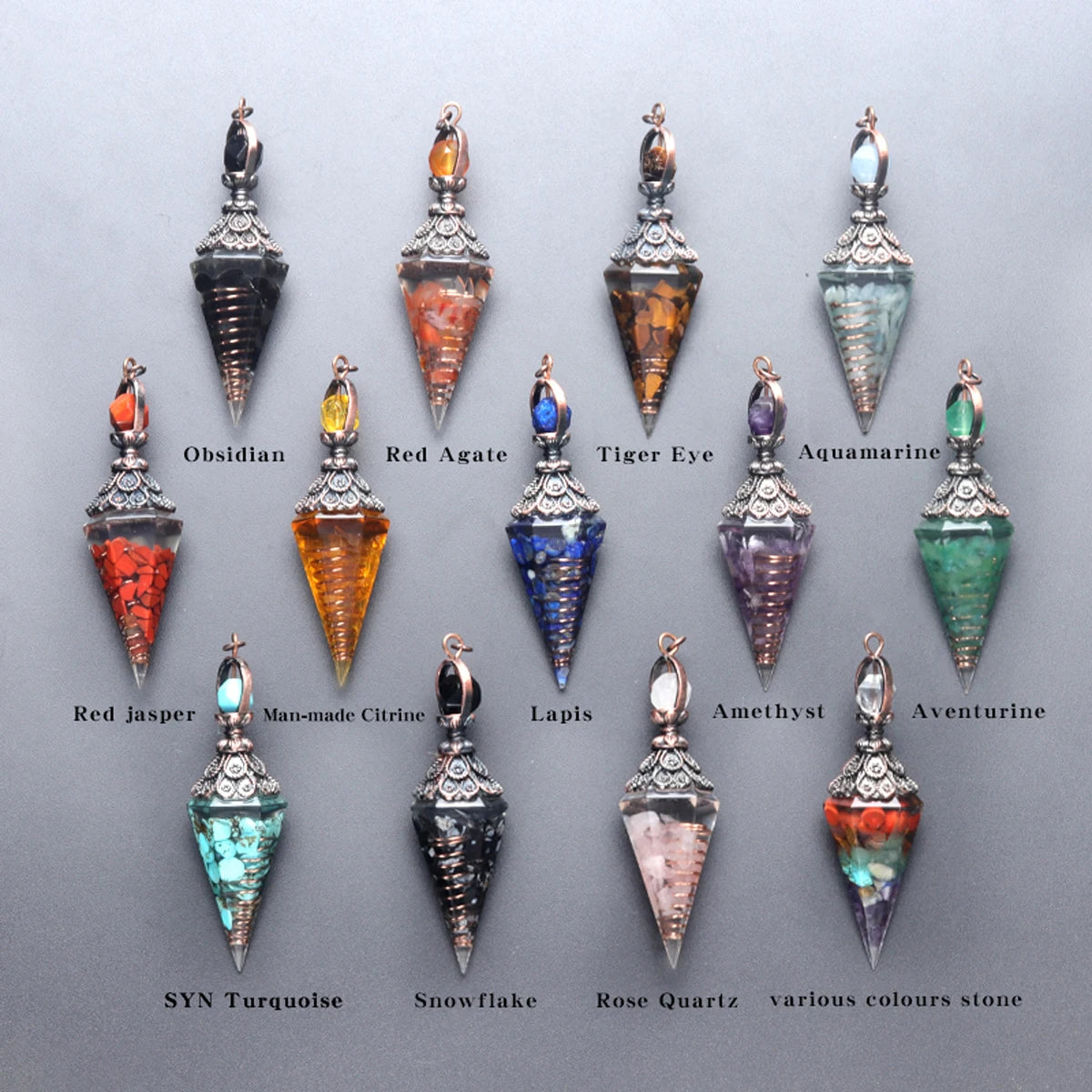 7 Chakras Natural Chips Gravel Crystal Hexagonal Cone Pendant Pendule