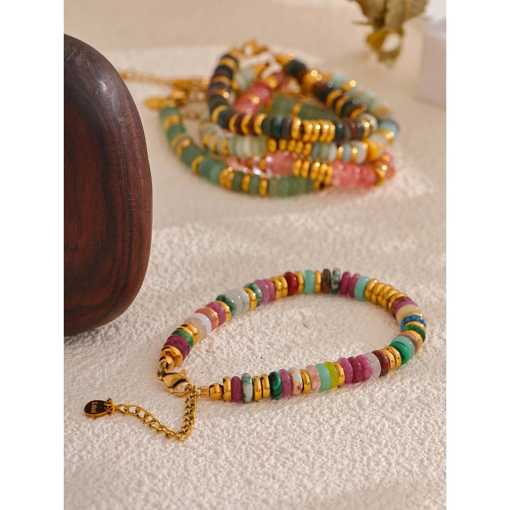 Yhpup Colorful Natural Stone Beads Chain Handmade Bracelet Bangle