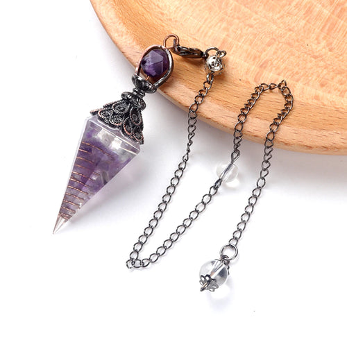 7 Chakras Natural Chips Gravel Crystal Hexagonal Cone Pendant Pendule