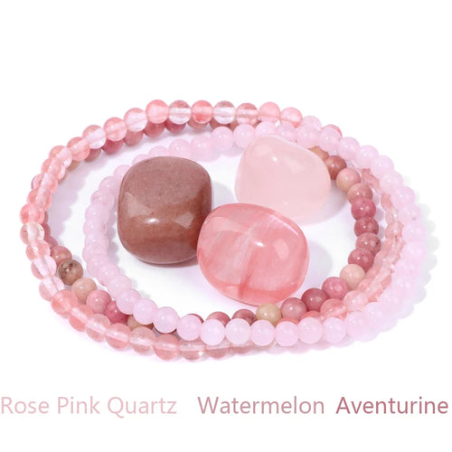 4mm Natural Stone Beads Bracelet With 3pcs Stones Rose Quartzs