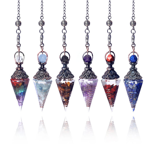 7 Chakras Natural Chips Gravel Crystal Hexagonal Cone Pendant Pendule
