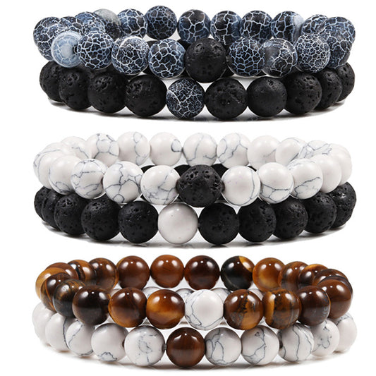 Set Bracelet Couples Distance Black White Natural Lava Stone Tiger Eye