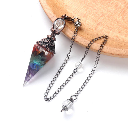 7 Chakras Natural Chips Gravel Crystal Hexagonal Cone Pendant Pendule