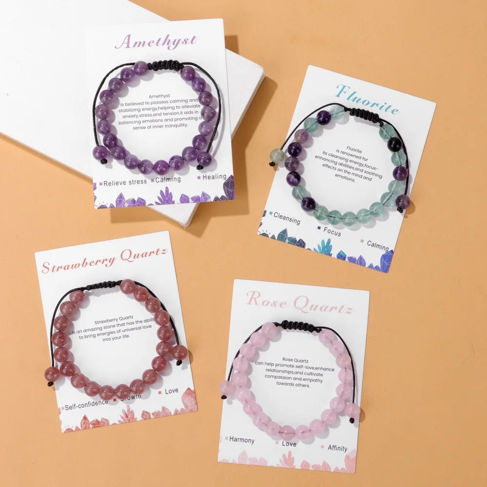 New Natural Stone Amethysts Bracelet with Card 8mm Pink Quartz