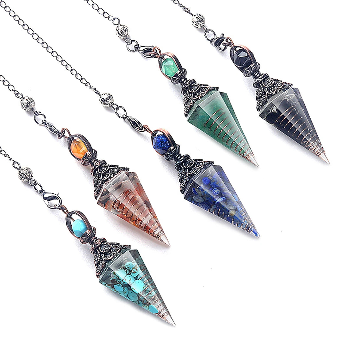7 Chakras Natural Chips Gravel Crystal Hexagonal Cone Pendant Pendule