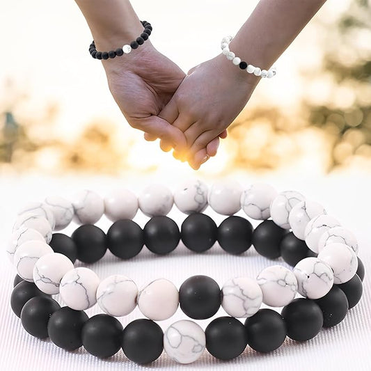 2pcs Natural Stone Couple Bracelets – Handmade Black & White 8mm