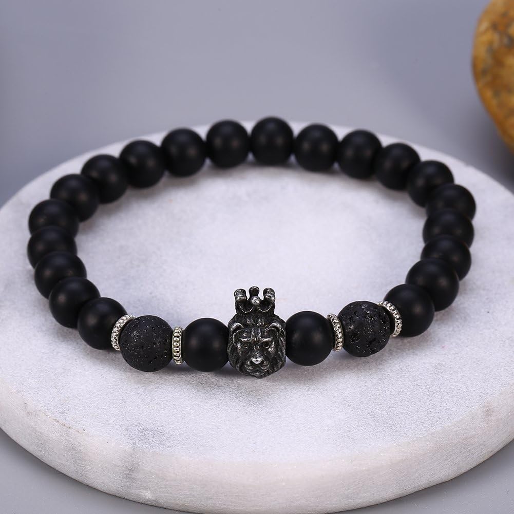 Men's Bracelet – Black Lion Head Beaded Bracelet with Stone for