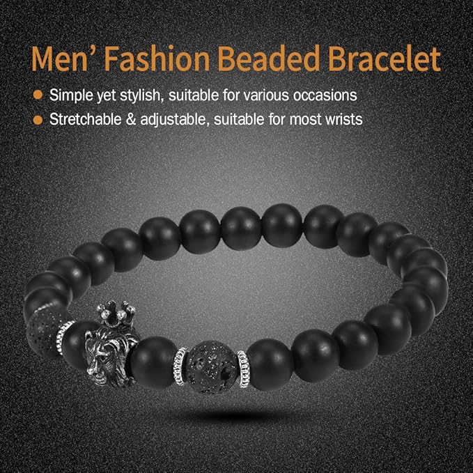 Men's Bracelet – Black Lion Head Beaded Bracelet with Stone for
