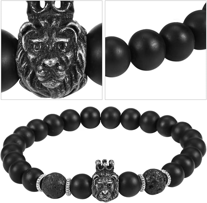 Men's Bracelet – Black Lion Head Beaded Bracelet with Stone for