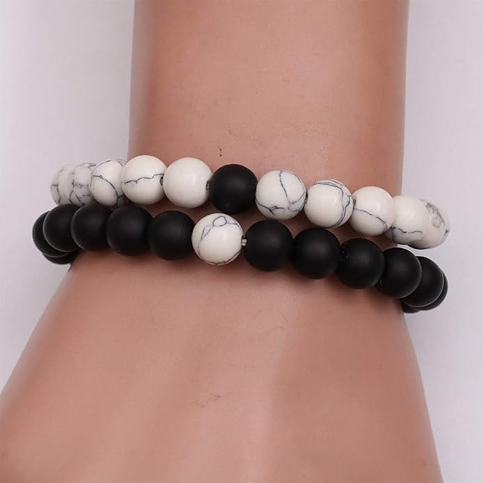 2pcs Natural Stone Couple Bracelets – Handmade Black & White 8mm